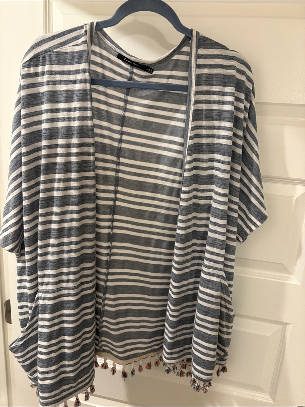 Doe & Rae Blue and White Striped Open Front Tassel Hem Cardigan